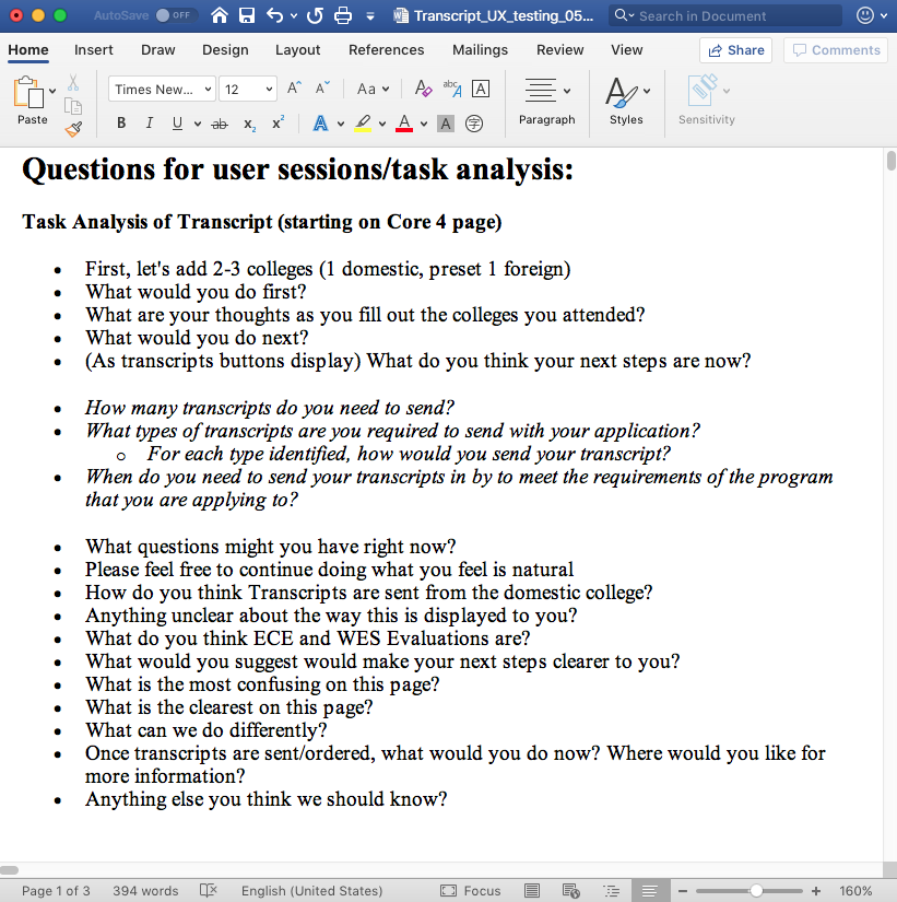 UX Research task analysis questions for transcripts